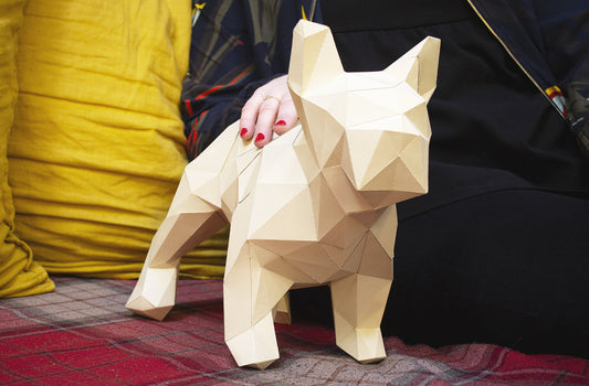 Franse bulldog beige/blauw - Eveli Gemiddeld (papier) Beige 3D Origami DIY Papercraft do-it-yourself